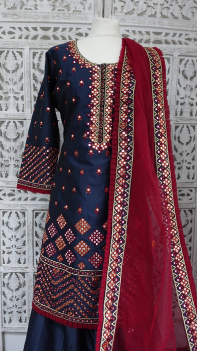 Navy Blue Art Silk Sharara With Faux Mirrorwork - UK 18/EU 44 - New