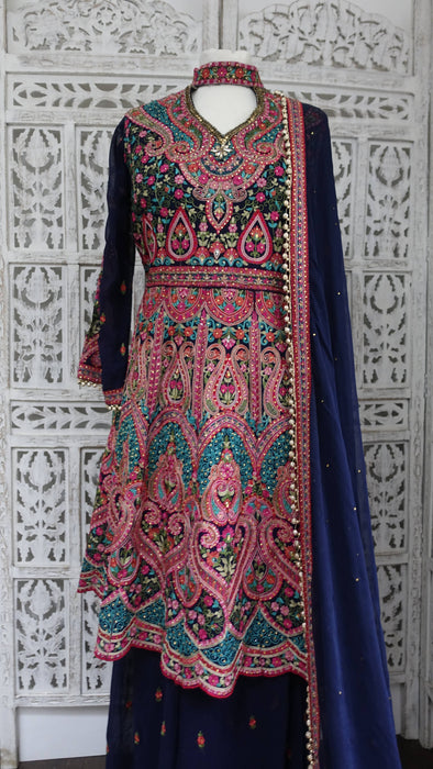 Blue Embroidered Ghaghara - Preloved - UK 14/EU 40