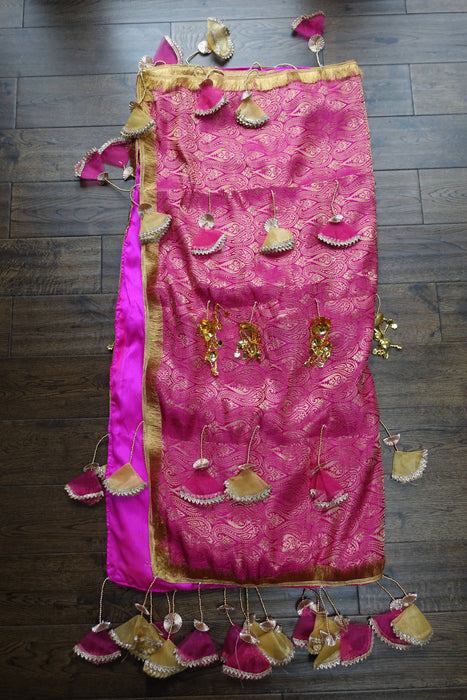 Large Pink Brocade Wedding/Maiyan Chadar With Gold Kalira And Tassels - New