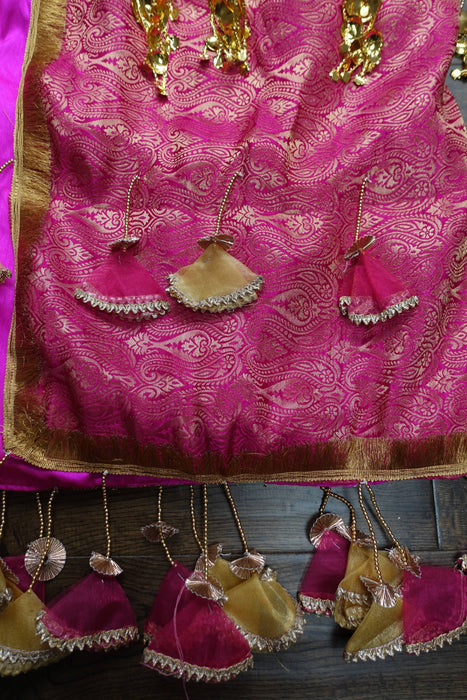 Large Pink Brocade Wedding/Maiyan Chadar With Gold Kalira And Tassels - New
