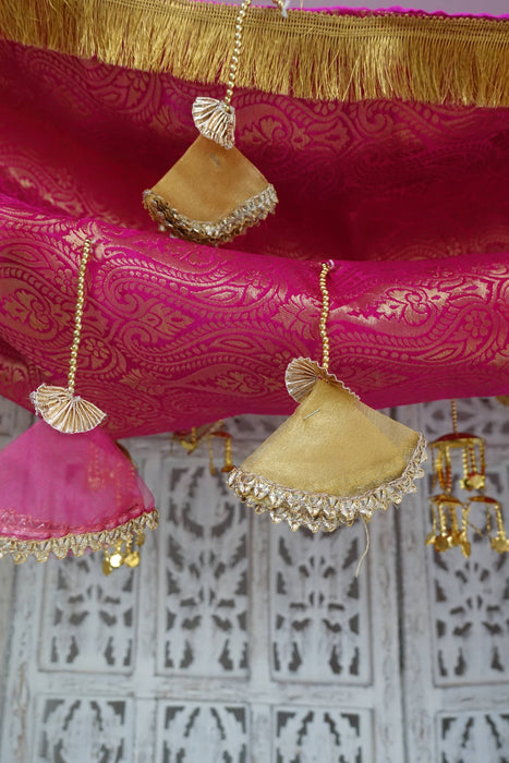Large Pink Brocade Wedding/Maiyan Chadar With Gold Kalira And Tassels - New