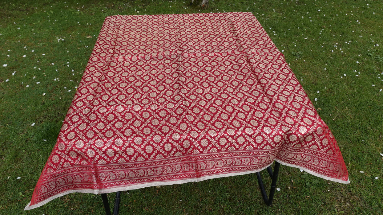 Red Banarsi Tablecloth With Crushed Organza Braid Trim