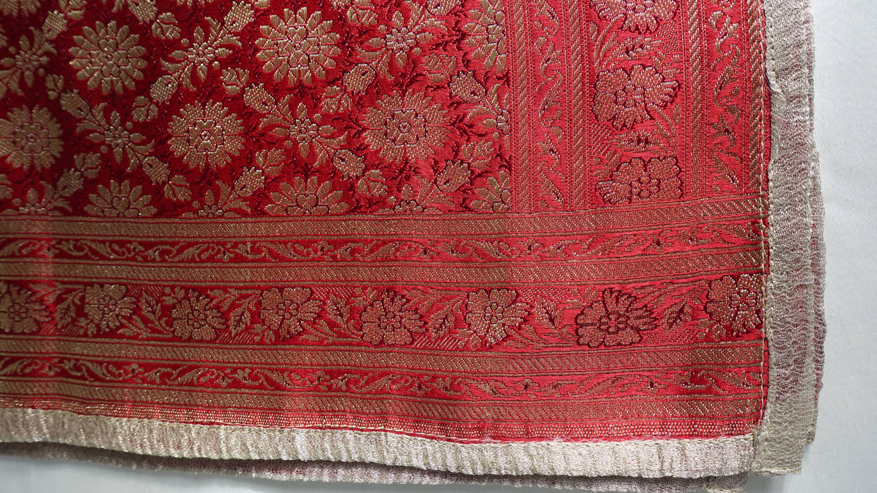 Red Banarsi Tablecloth With Crushed Organza Braid Trim