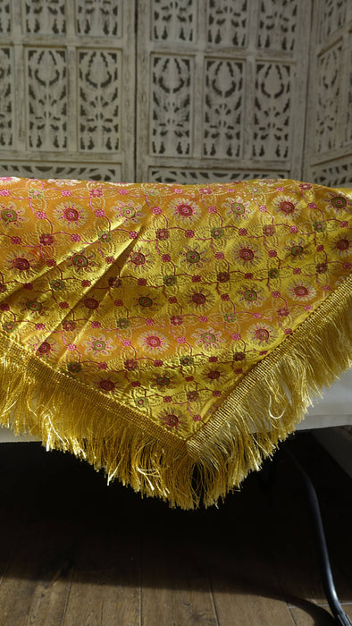 Amber Brocade Tablecloth With Gold Fringe