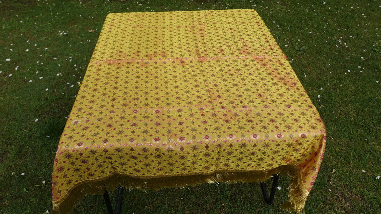 Amber Brocade Tablecloth With Gold Fringe