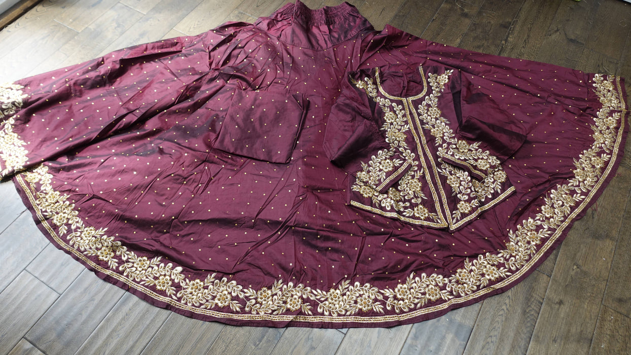 Maroon Vintage Pure Silk Lengha - UK Size 12/EU Size 38 - New