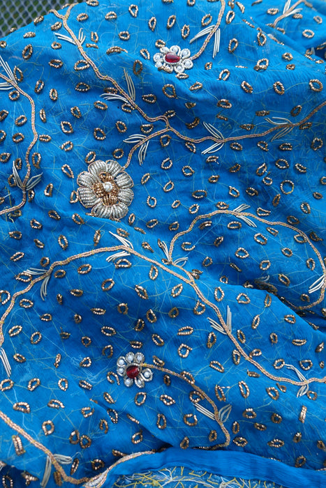 Peacock Blue Silk Vintage Lengha - Free Size - Preloved