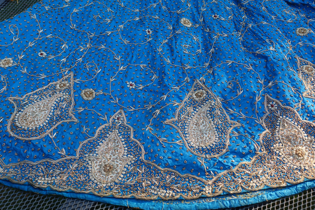 Peacock Blue Silk Vintage Lengha - Free Size - Preloved