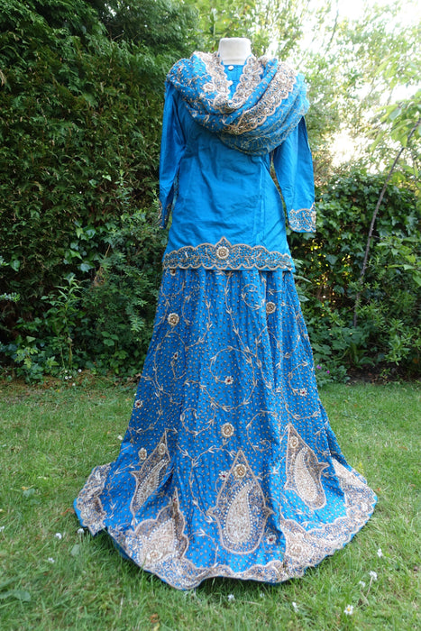 Peacock Blue Silk Vintage Lengha - Free Size - Preloved