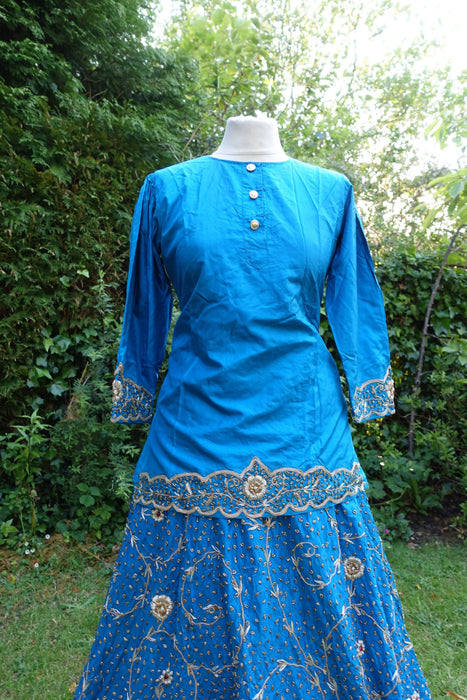 Peacock Blue Silk Vintage Lengha - Free Size - Preloved