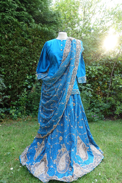 Peacock Blue Silk Vintage Lengha - Free Size - Preloved