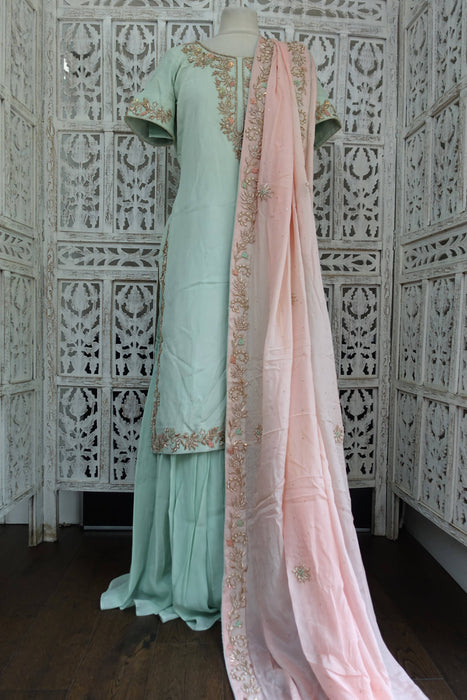 Mint Green And Pink Silk Lengha - UK 10/EU 36 - Preloved