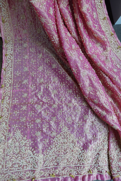Pink Tissue Silk Vintage Wedding Lengha - UK 12/EU 38 -Preloved