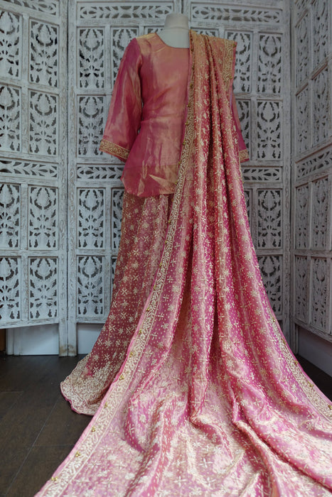 Pink Tissue Silk Vintage Wedding Lengha - UK 12/EU 38 -Preloved