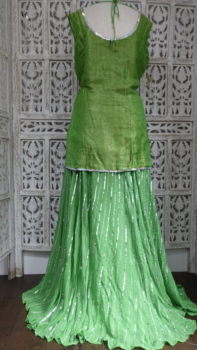 Green Brocade And Silk Chiffon 4Pc Lengha - UK 16 / EU 42 - New