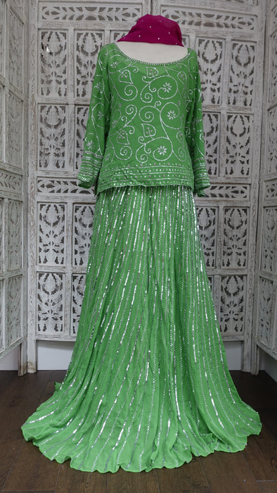 Green Brocade And Silk Chiffon 4Pc Lengha - UK 16 / EU 42 - New