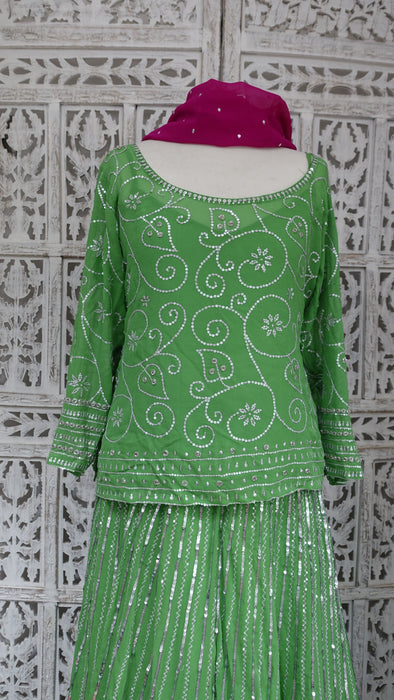 Green Brocade And Silk Chiffon 4Pc Lengha - UK 16 / EU 42 - New