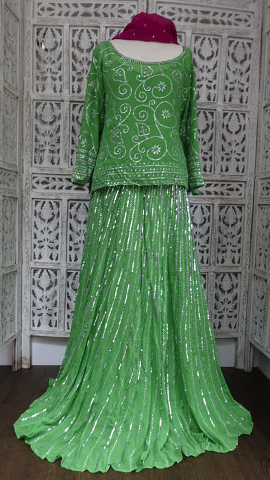 Green Brocade And Silk Chiffon 4Pc Lengha - UK 16 / EU 42 - New