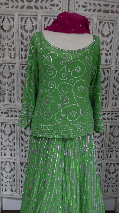 Green Brocade And Silk Chiffon 4Pc Lengha - UK 16 / EU 42 - New