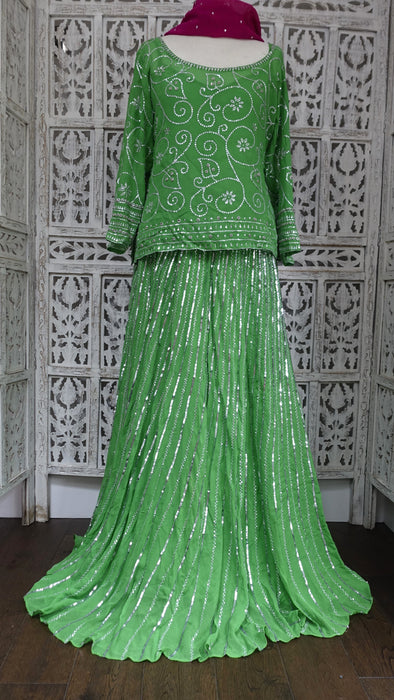 Green Brocade And Silk Chiffon 4Pc Lengha - UK 16 / EU 42 - New
