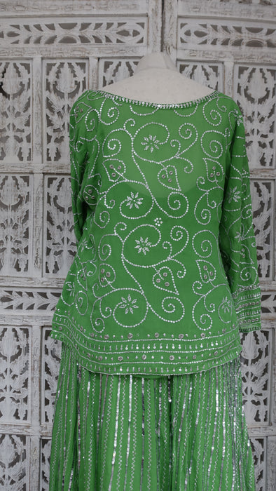 Green Brocade And Silk Chiffon 4Pc Lengha - UK 16 / EU 42 - New