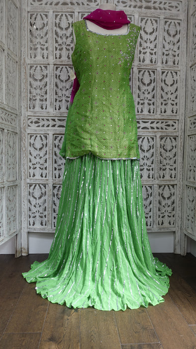 Green Brocade And Silk Chiffon 4Pc Lengha - UK 16 / EU 42 - New