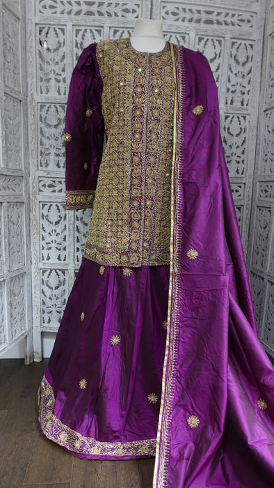 Purple Vintage Mirrored Silk Lengha - UK 14 / EU 40 - New