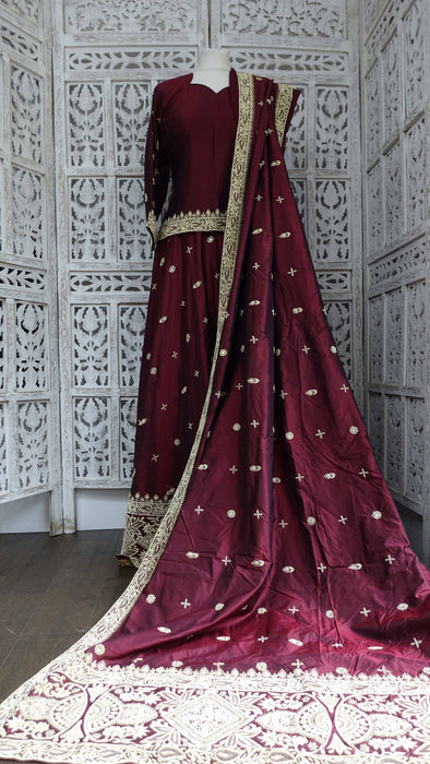 Maroon Vintage Silk 3PC Lengha - UK 12/EU 38 - Preloved