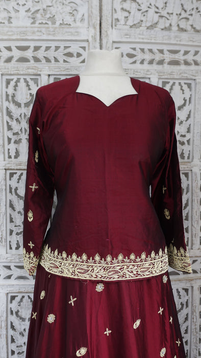 Maroon Vintage Silk 3PC Lengha - UK 12/EU 38 - Preloved