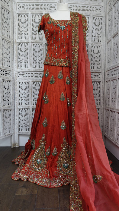 Rust Silk Designer 3PC Lengha- UK 10/EU 36 - New