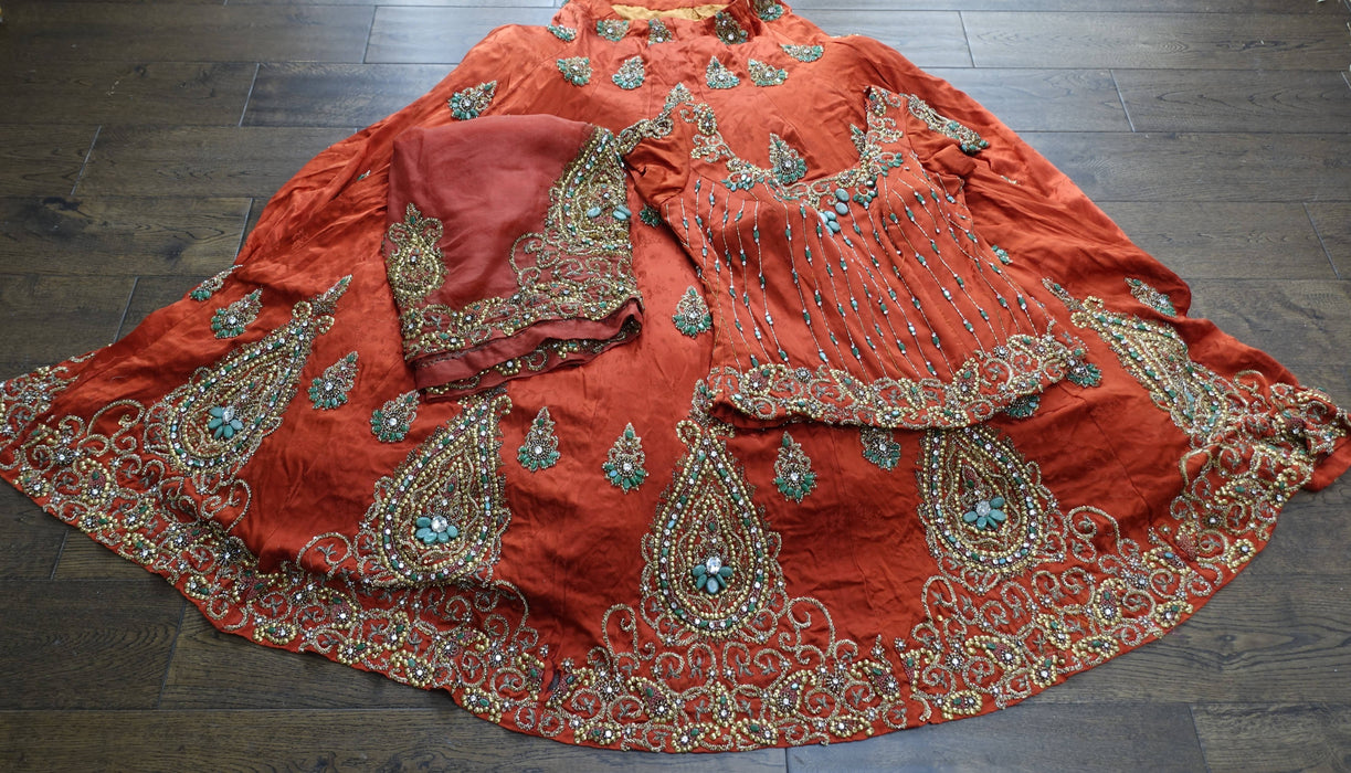 Rust Silk Designer 3PC Lengha- UK 10/EU 36 - New