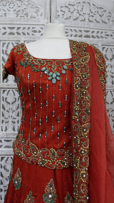 Rust Silk Designer 3PC Lengha- UK 10/EU 36 - New