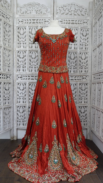 Rust Silk Designer 3PC Lengha- UK 10/EU 36 - New