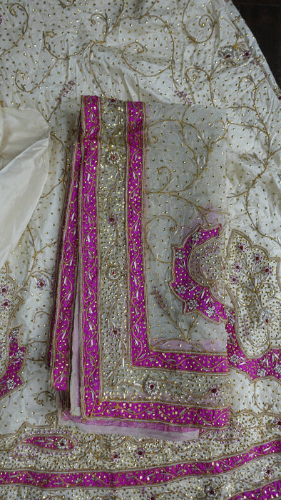 Cream Vintage Silk Wedding Lengha - Freesize - Preloved