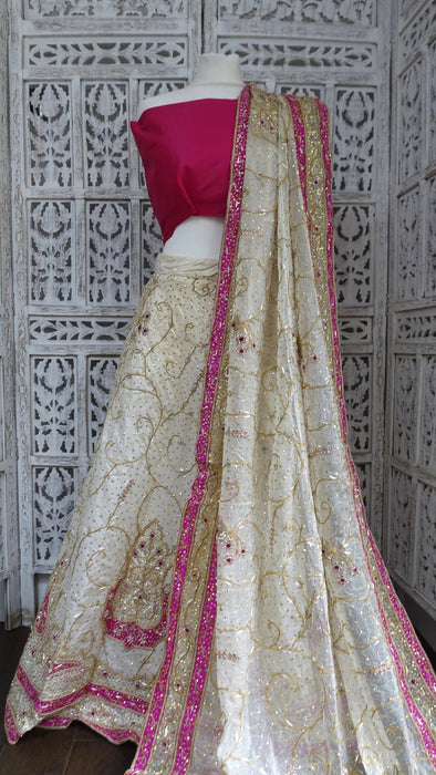 Cream Vintage Silk Wedding Lengha - Freesize - Preloved