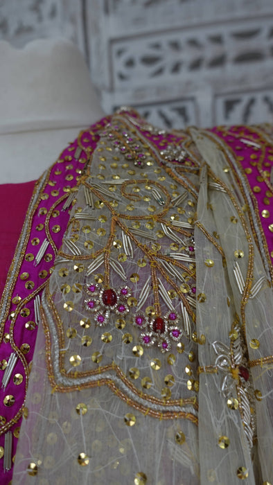Cream Vintage Silk Wedding Lengha - Freesize - Preloved