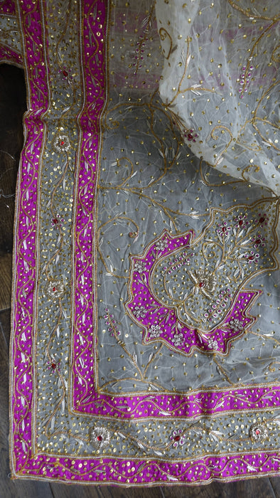 Cream Vintage Silk Wedding Lengha - Freesize - Preloved