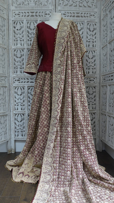 Maroon Vintage Sateen Silk Lengha - UK 12/ EU 14 - Preloved