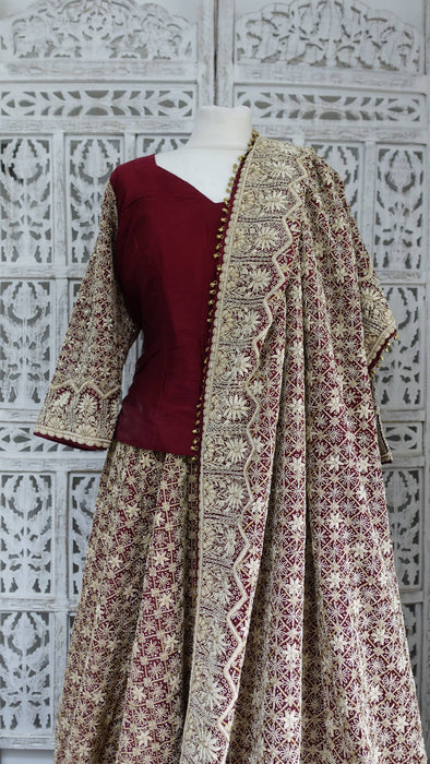 Maroon Vintage Sateen Silk Lengha - UK 12/ EU 14 - Preloved