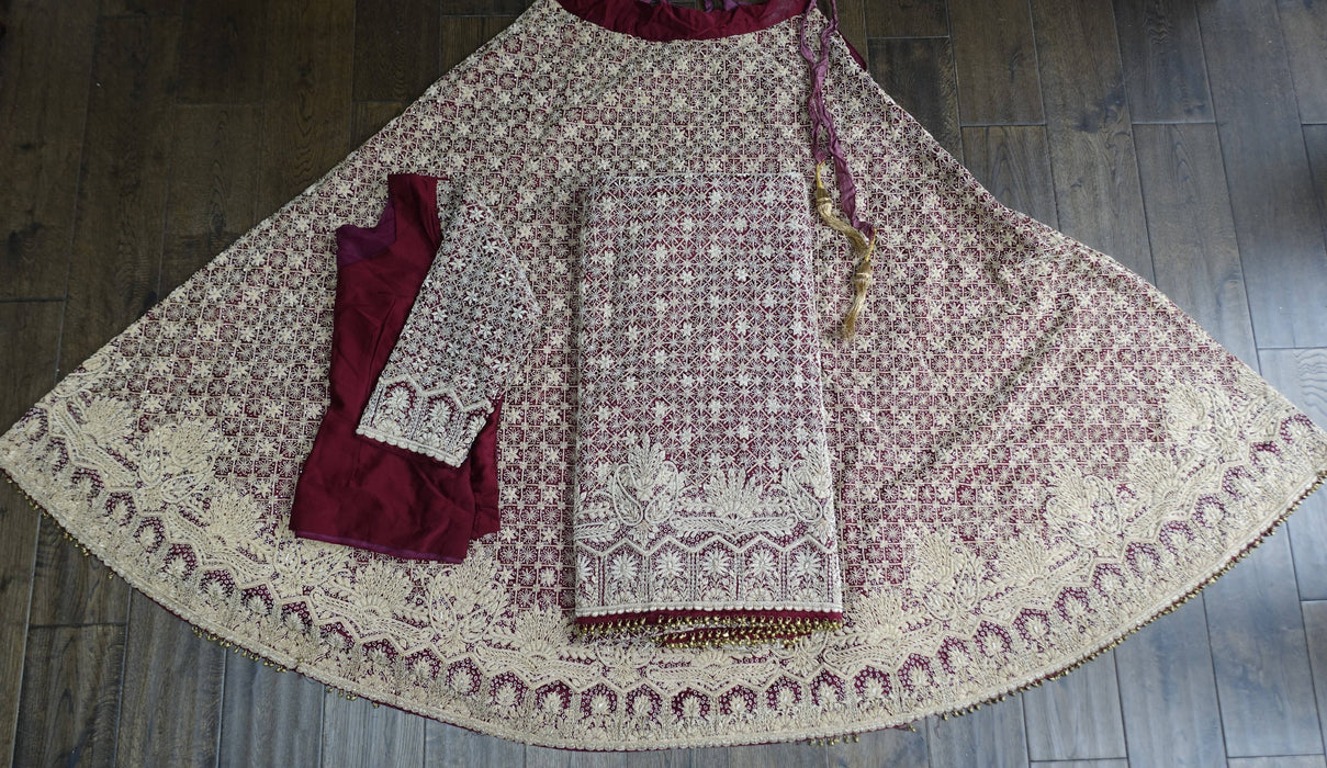 Maroon Vintage Sateen Silk Lengha - UK 12/ EU 14 - Preloved