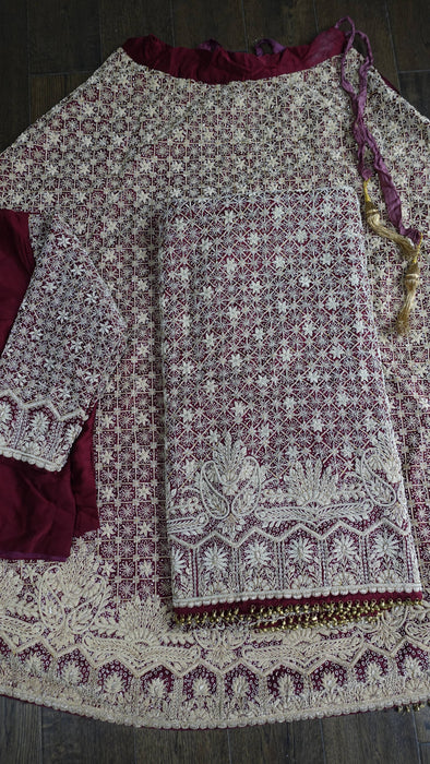 Maroon Vintage Sateen Silk Lengha - UK 12/ EU 14 - Preloved