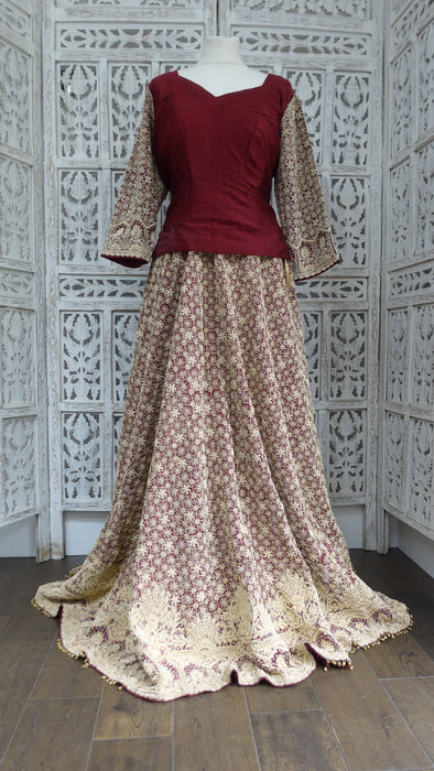 Maroon Vintage Sateen Silk Lengha - UK 12/ EU 14 - Preloved