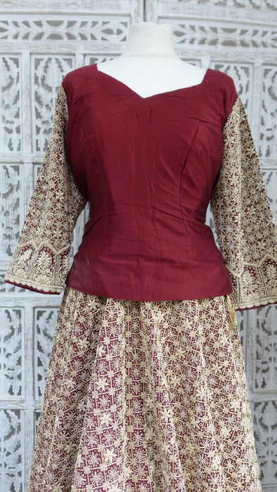 Maroon Vintage Sateen Silk Lengha - UK 12/ EU 14 - Preloved
