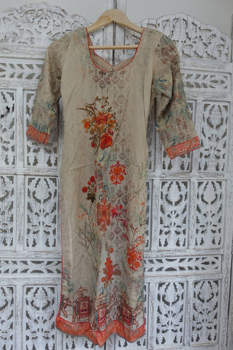 Sand Coloured Embroidered Churidaar Suit - UK 8/EU 34 - New