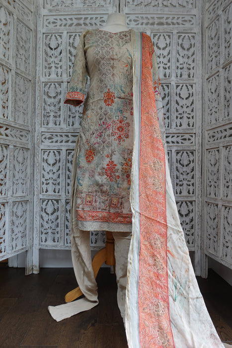 Sand Coloured Embroidered Churidaar Suit - UK 8/EU 34 - New