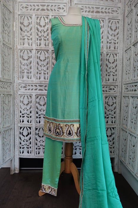Green Raw Silk Effect Churidaar Suit - UK 6/EU 32 - New