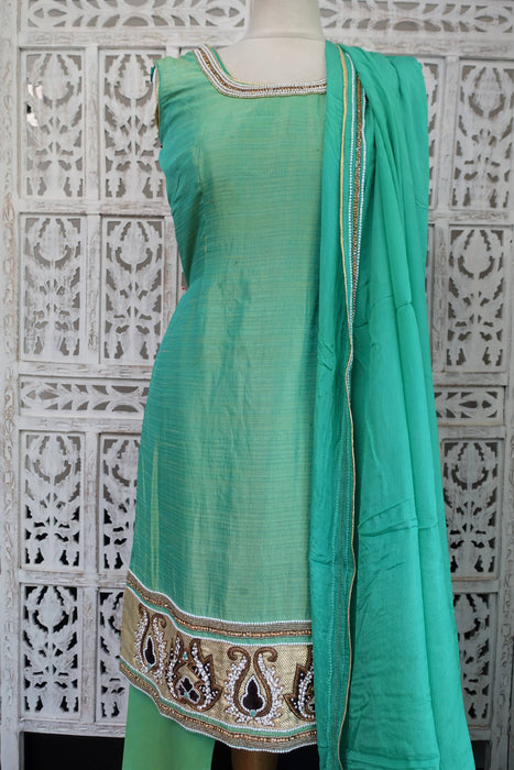 Green Raw Silk Effect Churidaar Suit - UK 6/EU 32 - New