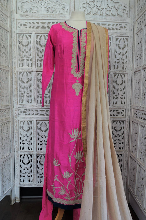 Pink Raw Silk Embroidered Churidaar - UK 12/EU 38 - New