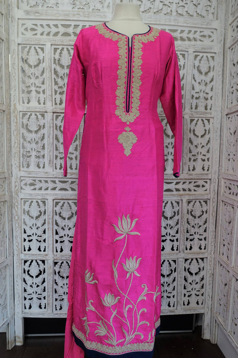 Pink Raw Silk Embroidered Churidaar - UK 12/EU 38 - New