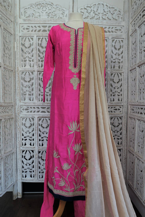 Pink Raw Silk Embroidered Churidaar - UK 12/EU 38 - New